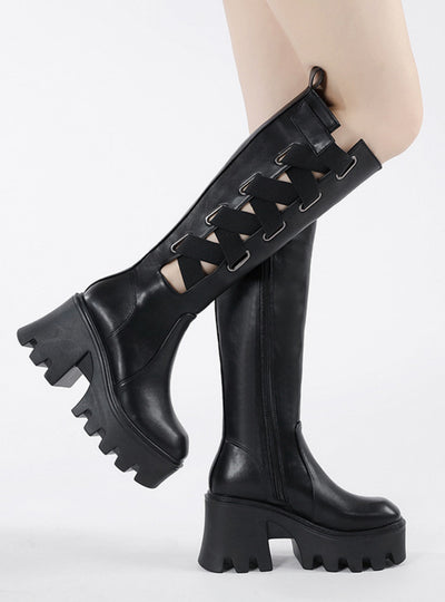 Black Round-headed Cross-strap Thick-soled Boots