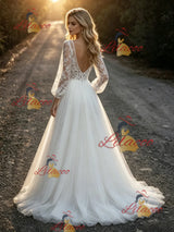 White Tulle Lace V-neck Long Sleeve Wedding Dress