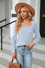 Solid Color Square Neck Loose Long Sleeve T-shirt