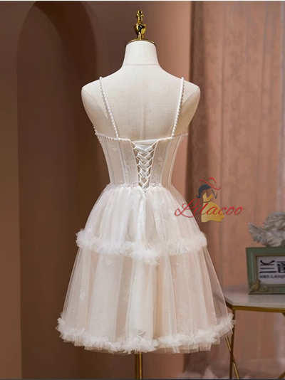 Ivory Tulle Straps Lace Pearls Homecoming Dress