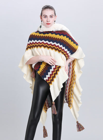 Colored Striped Scarf Fur Ball Shawl Cloak