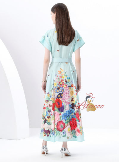 Short Sleeve Printed Long Dress