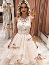 Champagne Tulle Lace Sleeveless Wedding Dress