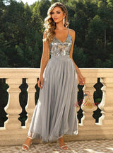 Sexy V-neck Backless Gauze Sequined Dress