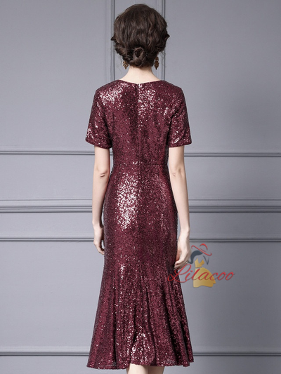 Burgundy Sequins Pleats Mother Of The Bride Dress