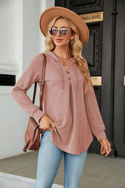 V-neck Loose Long-sleeved Hooded Top