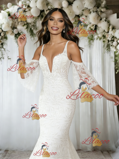 White Mermaid Lace Straps Wedding Dress
