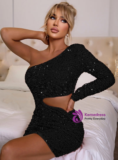 One Shoulder Long Sleeve Sequins Short Party Dress
