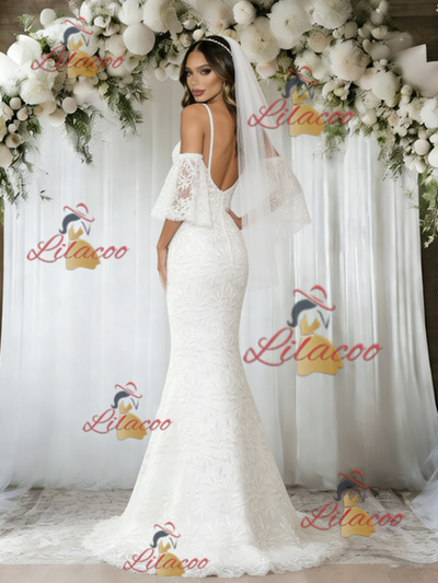 White Mermaid Lace Straps Wedding Dress