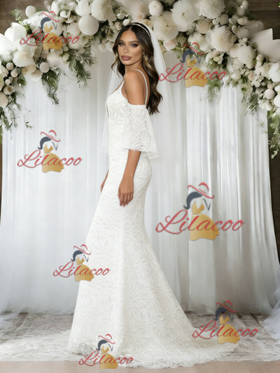 White Mermaid Lace Straps Wedding Dress