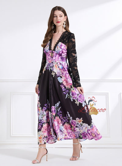 Deep V-neck Lace Horn Sleeve Printed Long Dress