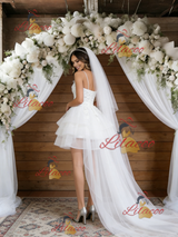 White Tulle Hi Lo Spaghetti Straps Wedding Dress