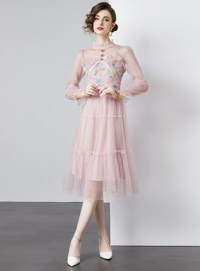 Lace Gauze Long Sleeve Dress