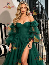 Green Long Sleeve Off the Shoulder Prom Dress
