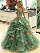 Green Tulle Off the Lace Prom Dress
