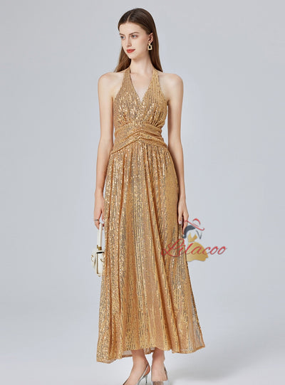Halter V-neck Sequins Long Party Dress