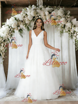 White Tulle V-neck Backless Wedding Dress