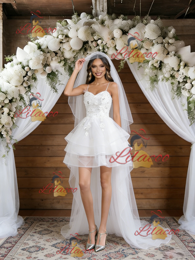 White Tulle Hi Lo Spaghetti Straps Wedding Dress