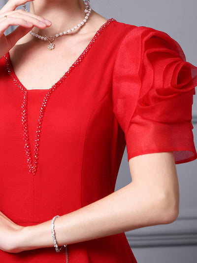Red Short Sleeve Beading Mother Of The Bride Dress