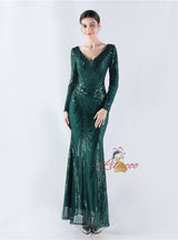 Long Sleeve Sequins V-neck Prom Dress
