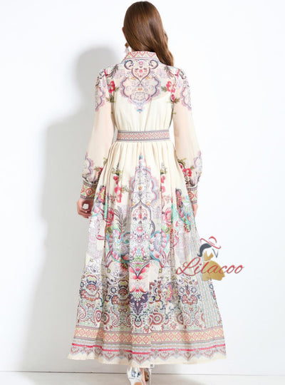 Retro Palace Printed Row Button Lantern Sleeve Dress