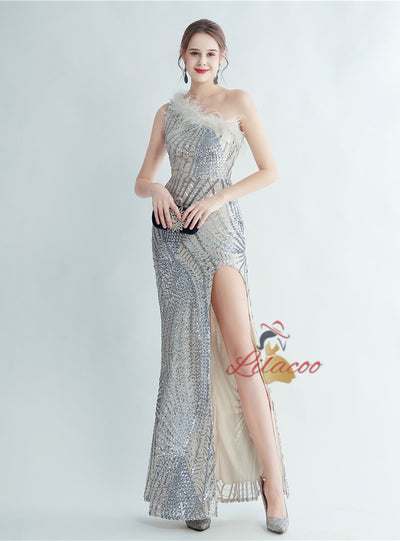 Mermaid Sequins One Shoulder Split Prom Dress