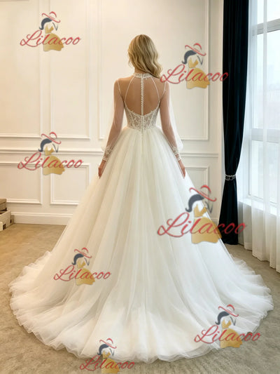 White Tulle Long Sleeve Appliques Wedding Dress