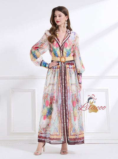 Long Sleeve V-neck Printed Dress