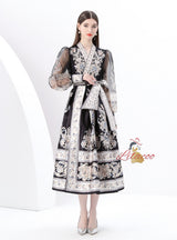 V-neck Lantern Sleeve Long Retro Print Dress