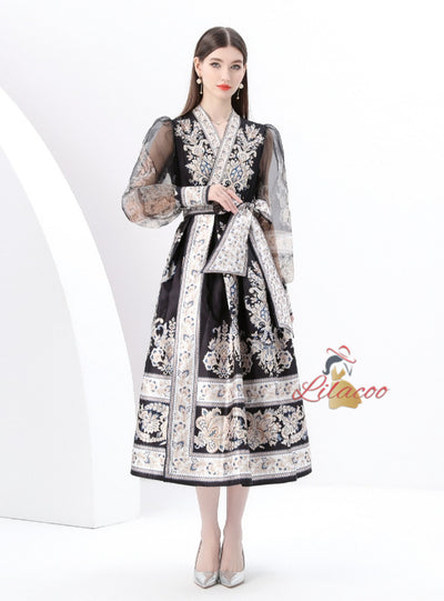 V-neck Lantern Sleeve Long Retro Print Dress