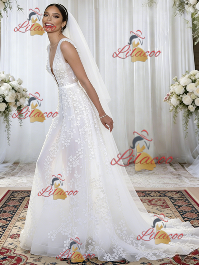 White Tulle V-neck Appliques Wedding Dress