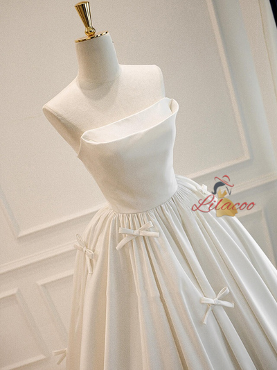 Simple White Satin Strapless Bow Wedding Dress