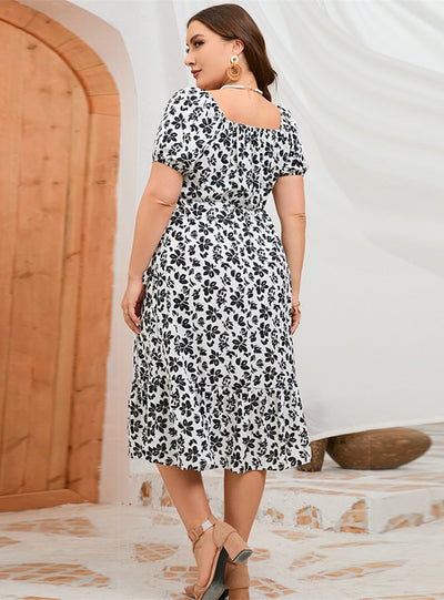 Bubble Sleeve Ruffled Printed Slim Dress