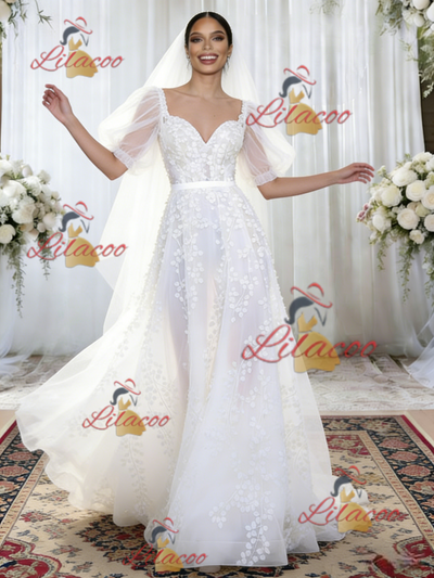 White Tulle Puff Sleeve Appliques Wedding Dress