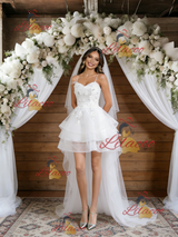 White Tulle Hi Lo Spaghetti Straps Wedding Dress
