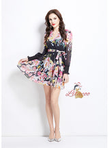 Deep V-neck Printed Ruffled Dress