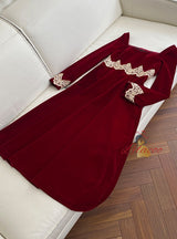 Burgundy Velvet Long Sleeve Lace Prom Dress