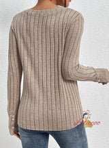Spliced Solid Color Long Sleeve V-neck Top