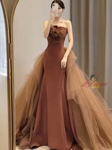Sexy Caramel Mermaid Tulle Strapless Prom Dress