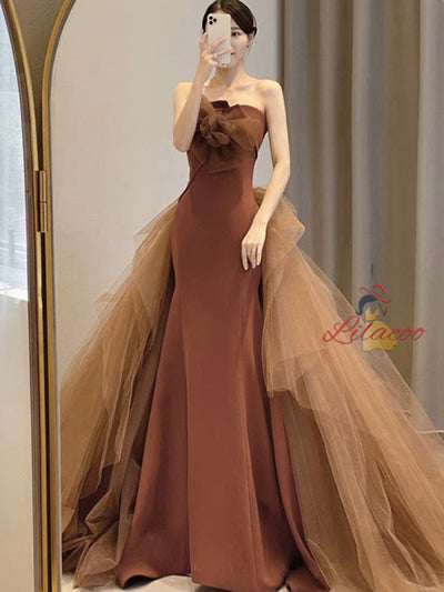 Sexy Caramel Mermaid Tulle Strapless Prom Dress