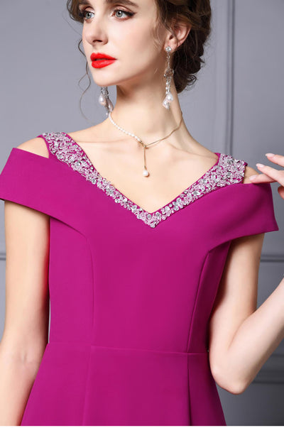 Burgundy V-neck Beading Mother Of The Bride Dress