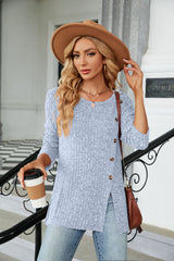 Round Neck Button Split Long Sleeve T-shirt