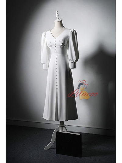 White V-neck Button Wedding Dress