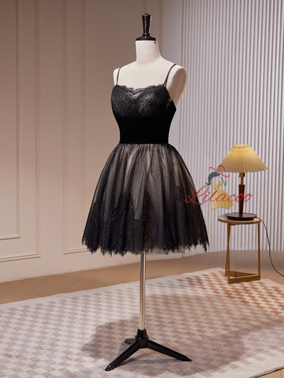 Black Tulle Lace Straps Homecoming Dress