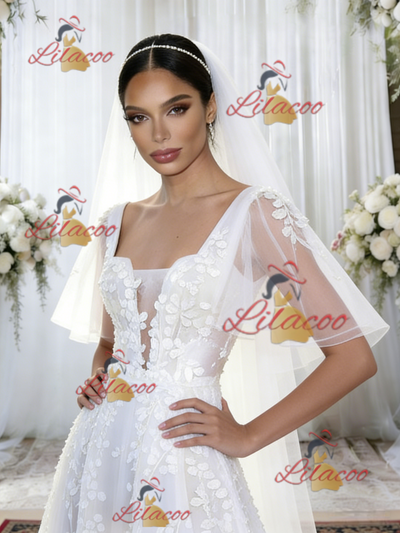 White Tulle Straps Appliques Wedding Dress