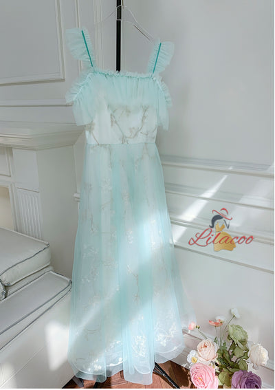 Embroidered Blue Backless Banquet Dress