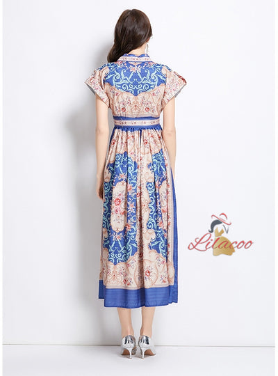 Retro Printed Breasted Slim Dress