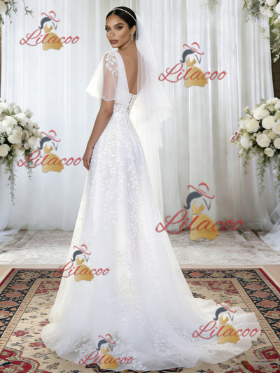 White Tulle Straps Appliques Wedding Dress
