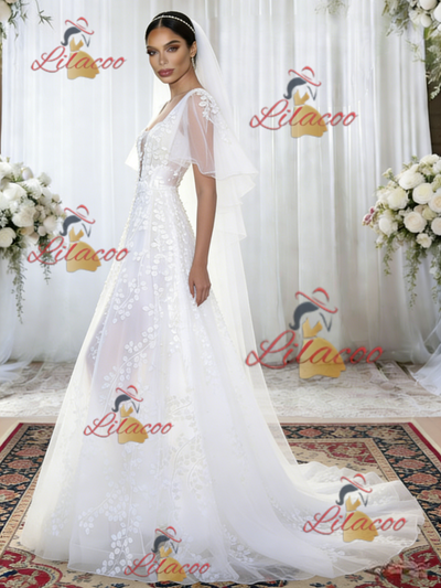 White Tulle Straps Appliques Wedding Dress