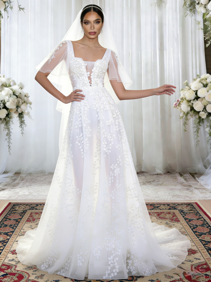 White Tulle Straps Appliques Wedding Dress